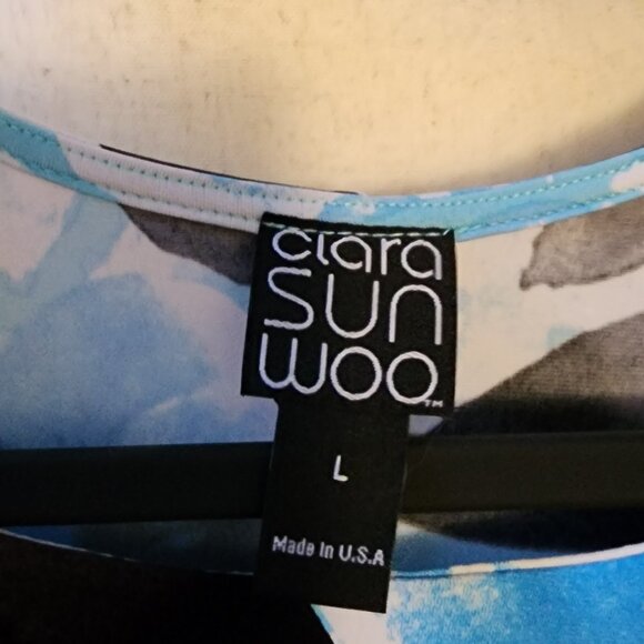 Clara Sun Woo Jewel Neck Swing Dress, Blue, White and Black Floral Petal, Large - Picture 5 of 5